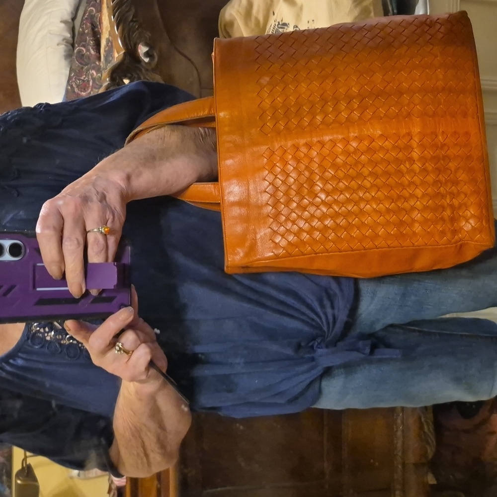 Bottega Veneta Persimmon Intrecciato Woven Leather Tote With Blue Suede Interior - Picture 2 of 14